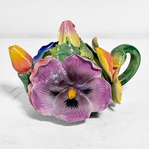 Ambiance Tea Party Floral Pansy Teapot Hand Painted Ceramic Fairycore Cottage